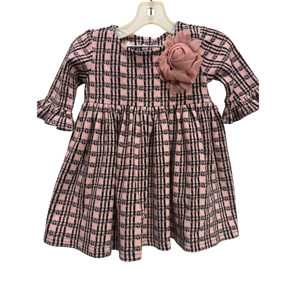 Laura Ashley Plaid Dress Baby Girl 12M Pink EUC 3D Rose Ruffle Sleeve Church Pic
